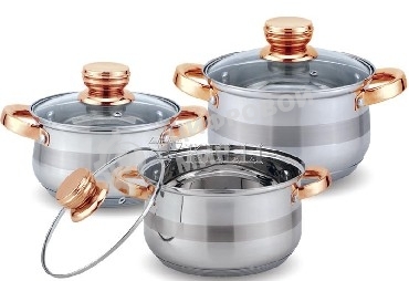 Набор посуды Kelli KL-4216 6 пред. (Кастрюля с жаропрочной стекл. крышкой 2.1 л. Кастрюля с жаропрочной стекл. крышкой 3 л. Кастрюля с жаропрочной стекл. крышкой 4 л. Мерная шкала внутри. Высококачественная нерж. сталь 18/10. 5-ти слойное капсульное дно.)