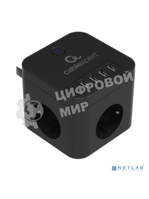 Сетевой фильтр Cablexpert Cube CUBE-3-U4-B-1.5, 3 р, 10А, 4хUSB, 1.5 м, ур.защиты 4+, черный, коробка