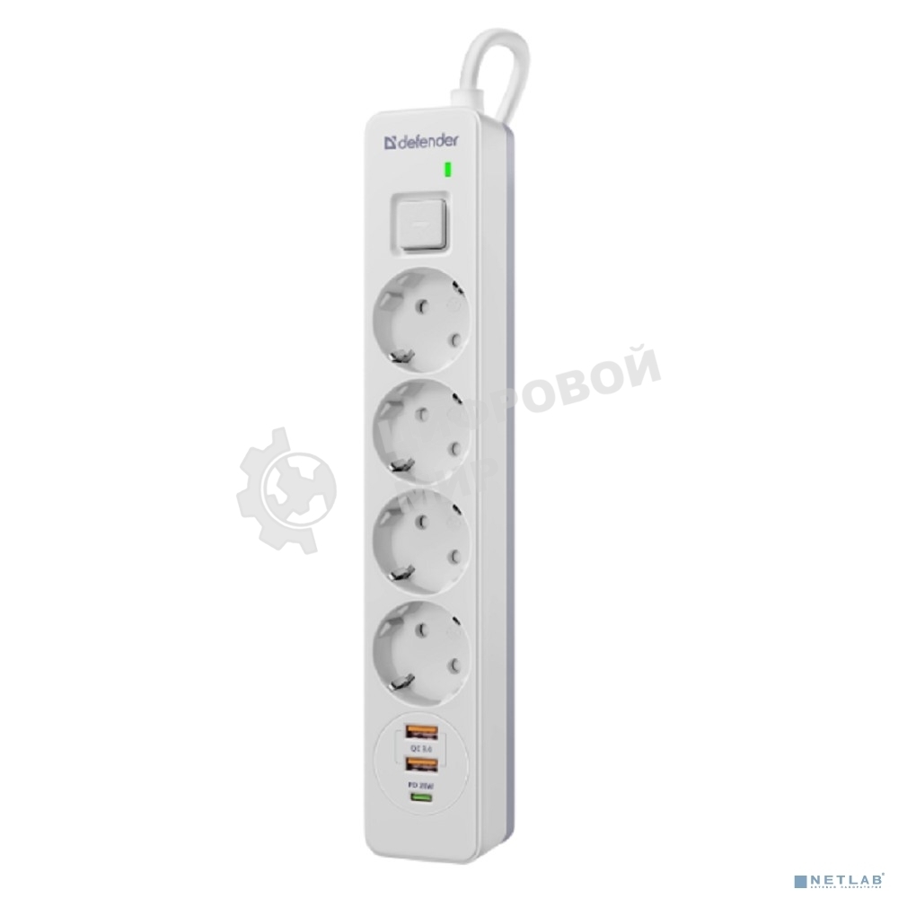 Удлинитель с сетевым фильтром Defender DFS 143, белый, 4розетки, USB+TypeC, 3 м.