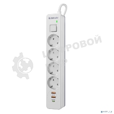 Удлинитель с сетевым фильтром Defender DFS 143, белый, 4розетки, USB+TypeC, 3 м.