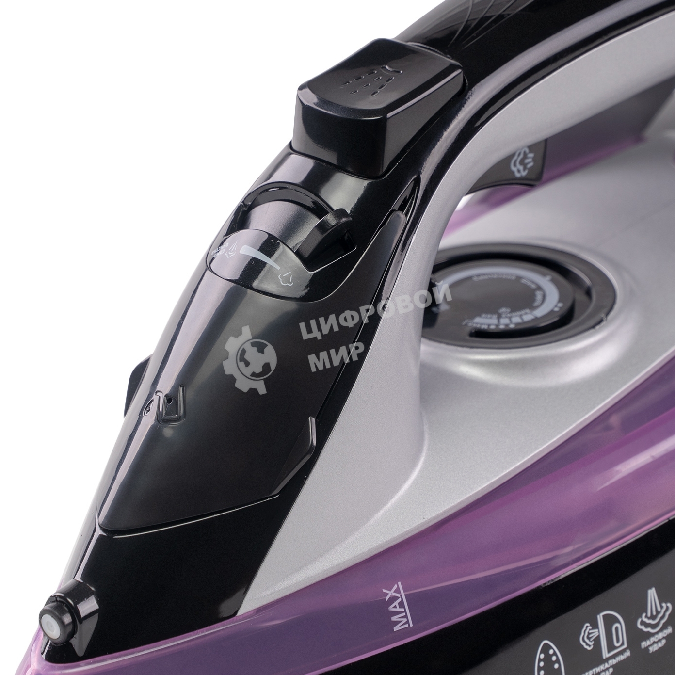 Утюг Galaxy Line GL 6128, фиолетовый с черным, паровой, 2200 Вт, постоянный пар 30 г/мин, паровой удар 140 г/мин, функции: самоочистка, антикапля, антинакипь, функция увлажнения, вертикальное отпаривание, защита от перегрева, индикатор нагрева, керамическ