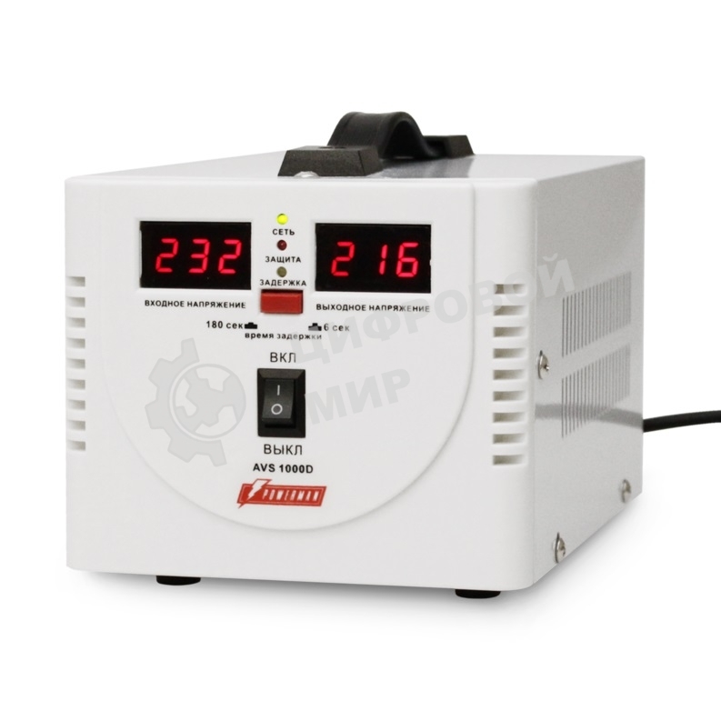 Стабилизатор напряжения Powerman AVS-D Voltage Regulator 1000VA, Digital Indication, 2x Schuko Outlets, 1m Power Cord, 230V, 1 year warranty, белый