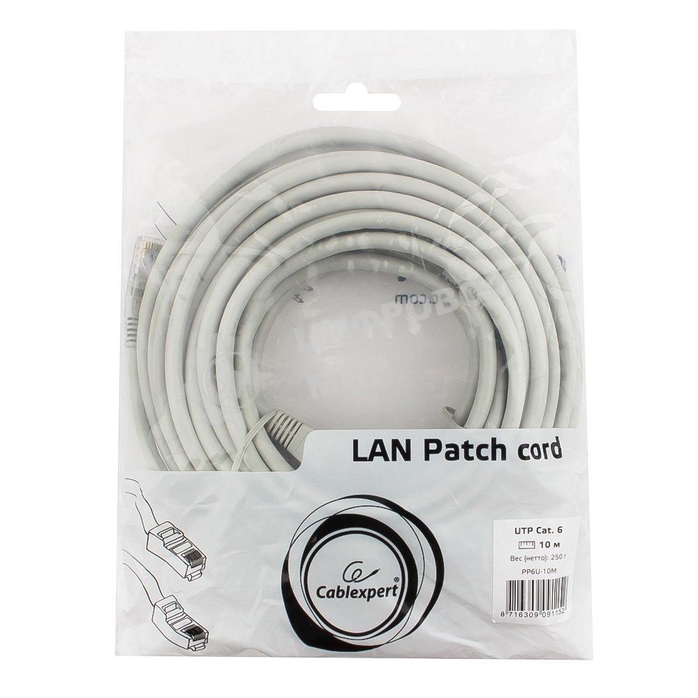 Патч-корд UTP Cablexpert PP6U-10M cat.6, 10м, литой, многожильный, серый