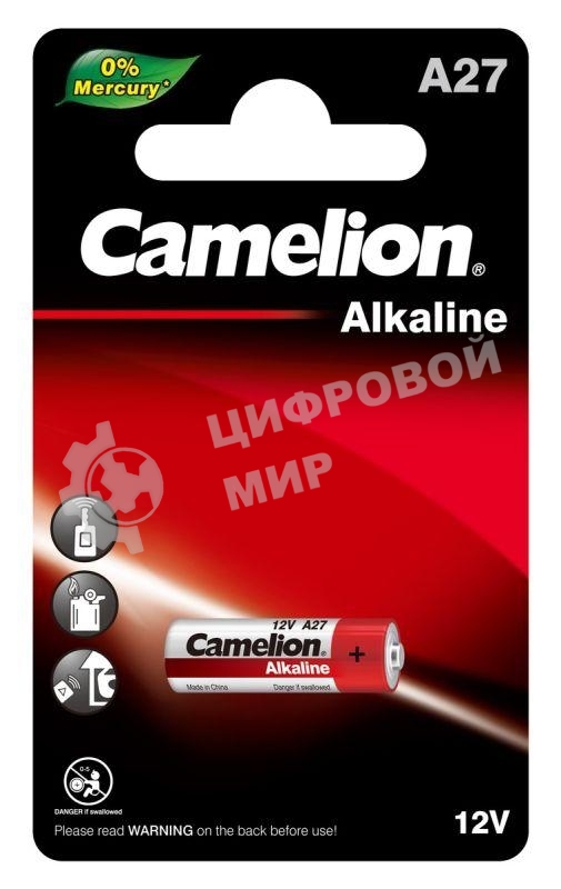Элемент питания алкалиновый для пультов сигнализаций Camelion LR27A Mercury Free A27-BP1 12В BL-1 (блист.1шт)