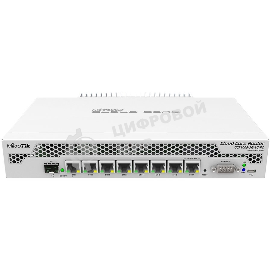 Маршрутизатор Mikrotik CCR1009-7G-1C-PC with Tilera Tile-Gx9 CPU (9-cores, 1Ghz per core), 1Gb RAM, 7xGbit LAN, 1x Combo port (1xGbit LAN or SFP), RouterOS L6, passive cooling desktop enclosure, rackmount ears, PSU