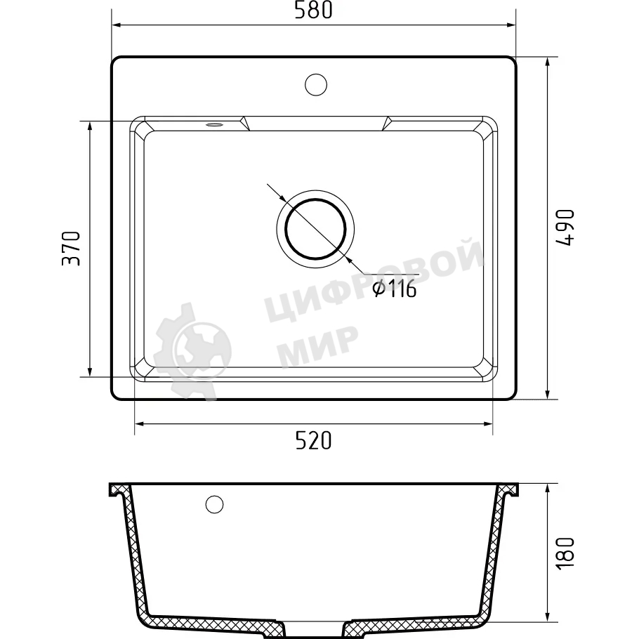 Мойка GRANFEST URBAN 658 1-чаша 580x490мм, монтаж: врезной, материал: кварц, темно-серый
