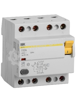 Выключатель автоматический дифференциального тока IEK 4п 100A 30mA тип AC ВД1-63 IEK MDV10-4-100-030