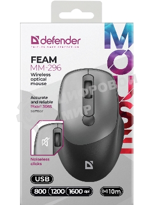 Мышь беспроводная Defender Feam MM-296 черный, 1600 dpi, радиоканал, USB, кнопки - 4