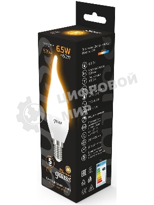 Лампа светодиодная Gauss 6.5Вт цок.: E14 свеча 220B 3000K св. свеч. бел. теп. (упак.: 10 шт)