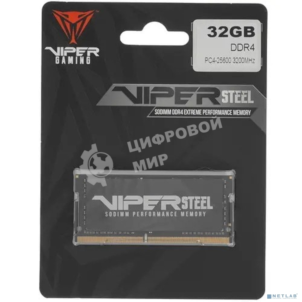 Оперативная память Patriot Steel Series, DDR4, 32GB (1x32 GB), 3200 MHz, CL22, радиатор, черный, SO-DIMM