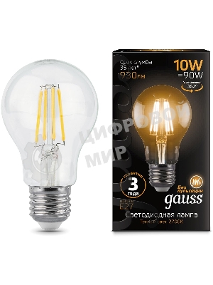 Лампа светодиодная филаментная Gauss 10Вт цок.: E27 шар 220B 2700K св. свеч. белый теп. A60 (упак.: 10 шт) (102802110)