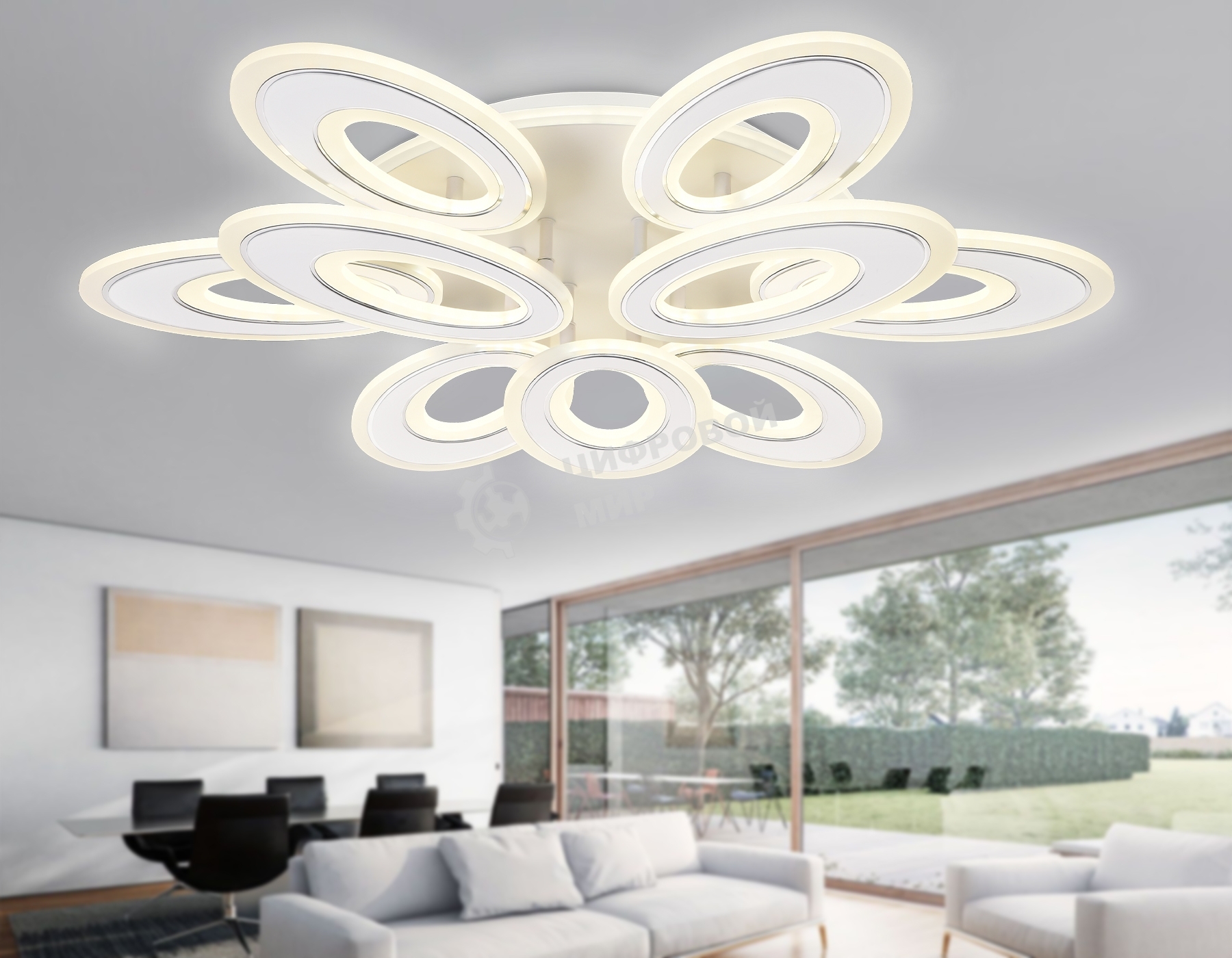 Потолочный светодиодный светильник FA8933/6+3 WH/CH белый/хром 255W 3000K-6400K 740*660*120 (ПДУ РАДИО 2.4G)