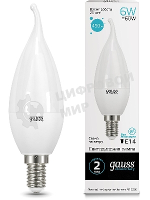 Лампа светодиодная Gauss Elementary 6Вт цок.: E14 свеча 220B 4100K св. свеч. бел. нейт. (упак.: 10 шт)
