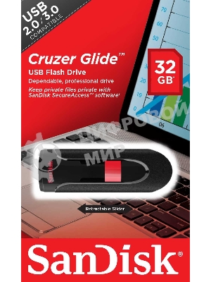 Флешка USB Sandisk CZ60 Cruzer Glide (SDCZ60-032G-B35), 32Gb, USB 2.0, R/W 30/8, черный/красный