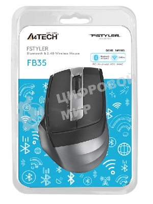 Мышь беспроводная A4Tech Fstyler FB35 серый, 2000 dpi, радиоканал, Bluetooth, USB, кнопки - 6