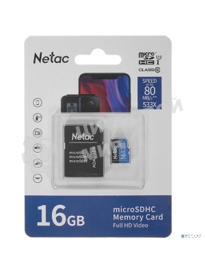 Флеш карта microSDHC 16Gb Netac P500 NT02P500STN-016G-R (с SD адаптером) 80Mb/s