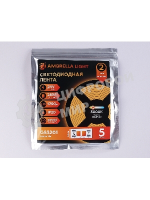 Светодиодная лента Ambrella light GS3201 2835 180Led/ 14.4W m/ 24V IP20 3000K/ 5000*8*1.2mm (2 конт.)