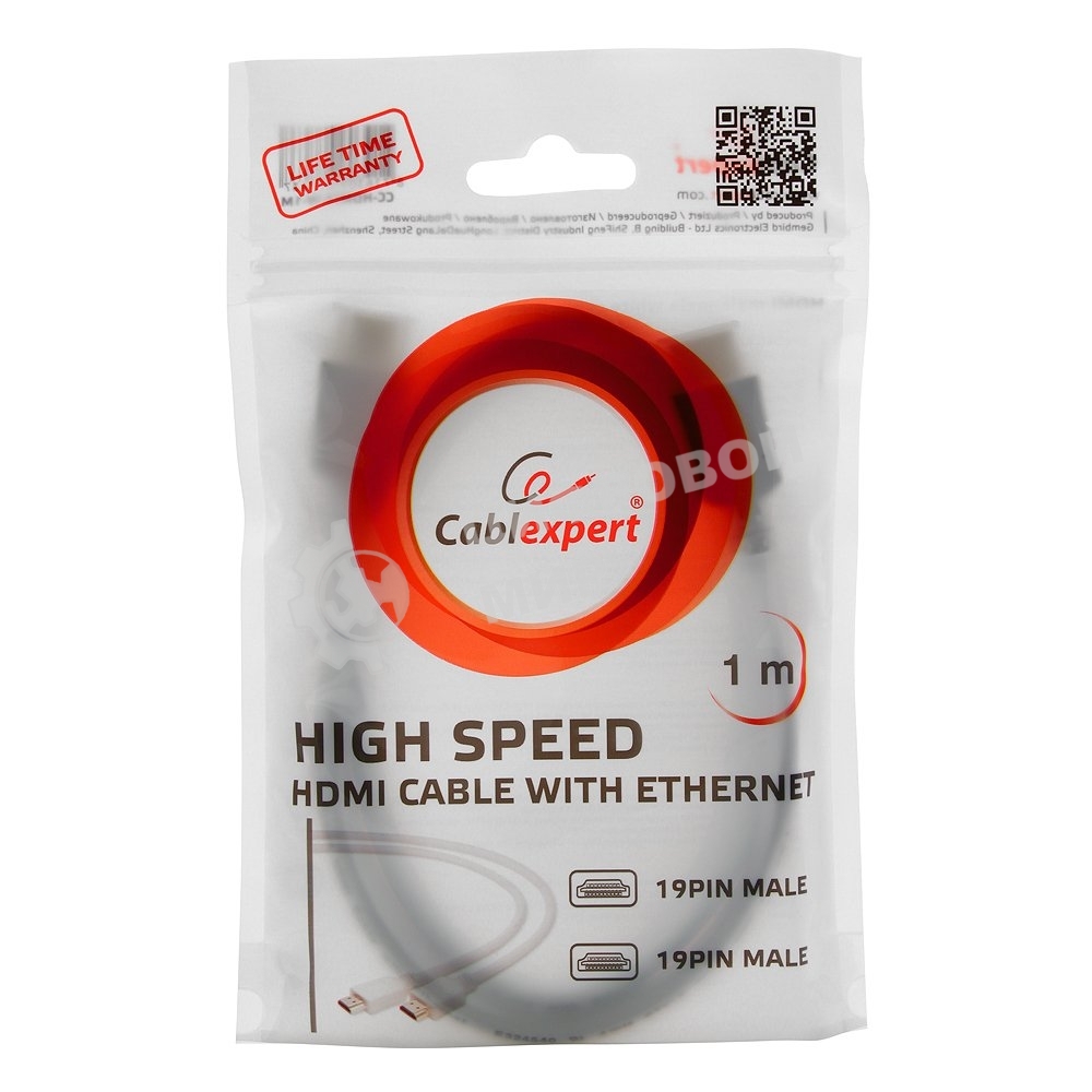 Кабель Cablexpert HDMI CC-HDMI4-W-1M, 19M/19M, v2.0, медь, позол.разъемы, экран, 1м, белый, пакет
