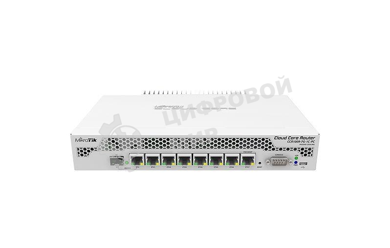 Маршрутизатор Mikrotik CCR1009-7G-1C-PC with Tilera Tile-Gx9 CPU (9-cores, 1Ghz per core), 1Gb RAM, 7xGbit LAN, 1x Combo port (1xGbit LAN or SFP), RouterOS L6, passive cooling desktop enclosure, rackmount ears, PSU