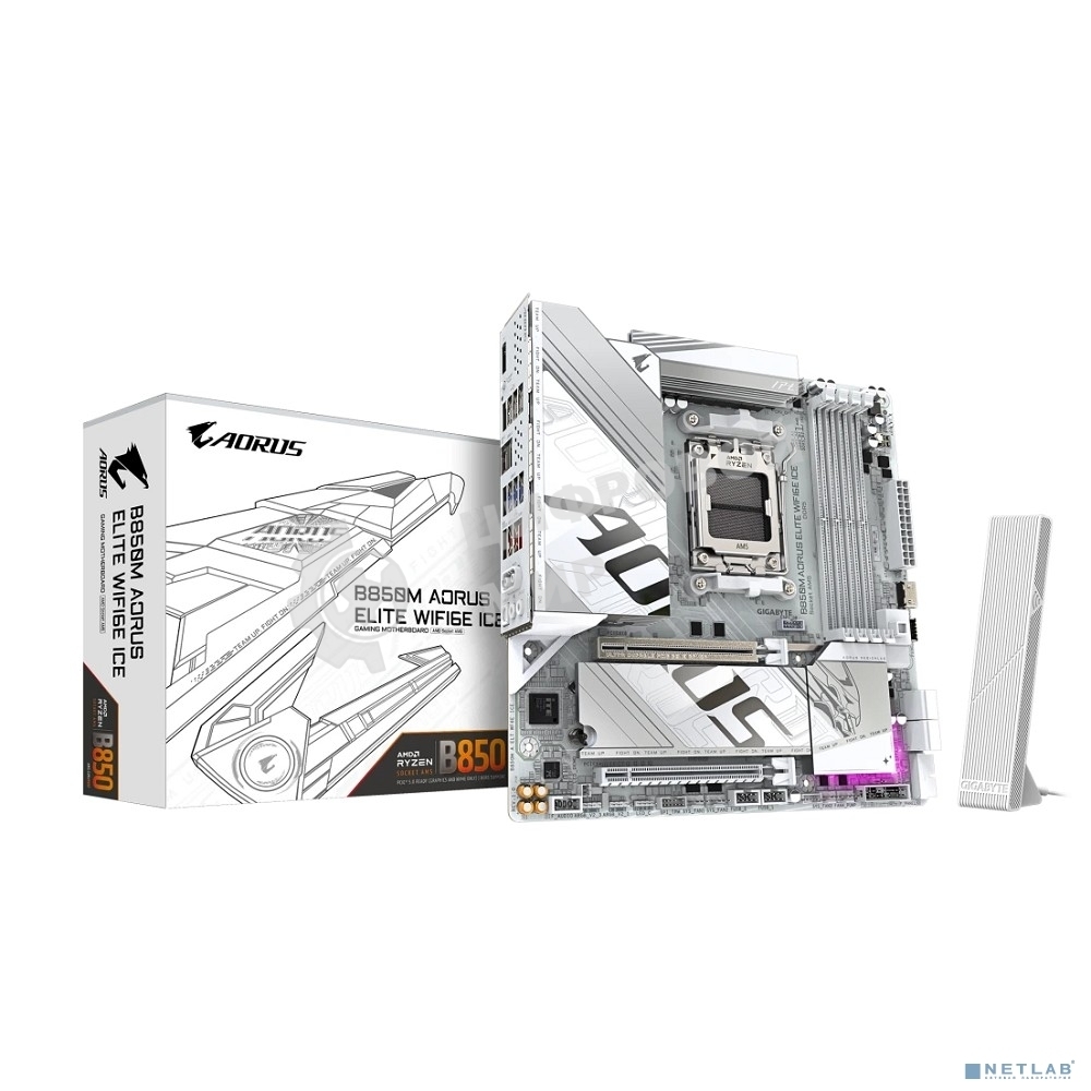 Материнская плата Gigabyte B850M AORUS ELITE WIFI6E ICE, AM5, AMD B850, 4xDDR5, 4xSATA, 2xM.2, 1xPCIe 5.0 x16, 1xPCIe 3.0 x4, 1xDP, 1xHDMI, 1x2.5Gb LAN, Wi-Fi 6E, Bluetooth 5.3, 2xUSB-A 10Gbps (Gen2), 5xUSB-A 5Gbps, 4xUSB-A 2.0, 1xUSB-C 10Gbps (Gen2), 2x3