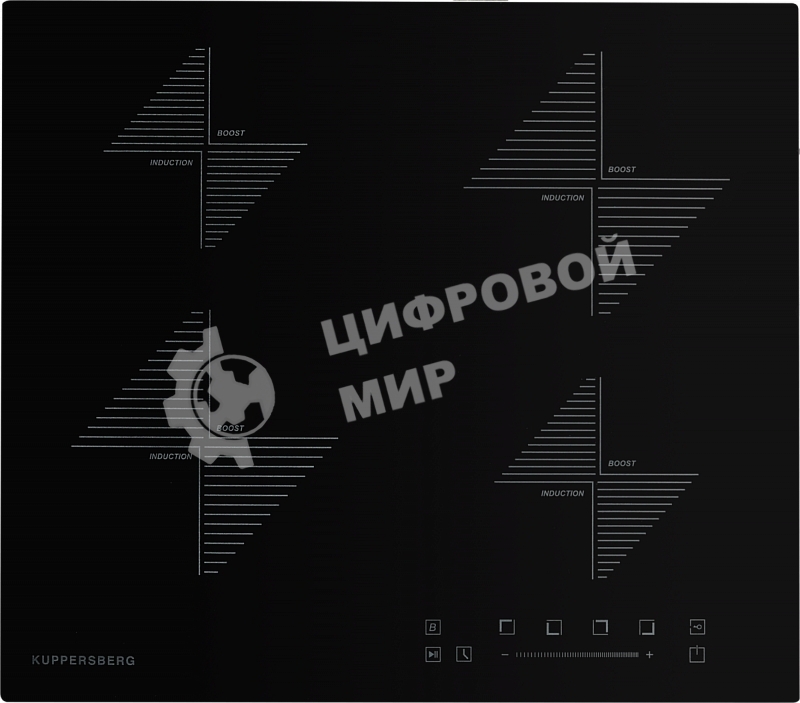 Индукционная варочная панель Kuppersberg ICS 604/ширина 60 см, 2 зоны 1,5 кВт(BOOSTER 2 кВт), 2 зоны 2 кВт(BOOSTER 3 кВт),электронное сенсорное управление + слайдер, 5 цифровых дисплев, 9 уровней мощности,автоматическое отключение,автоматика закипания,защ