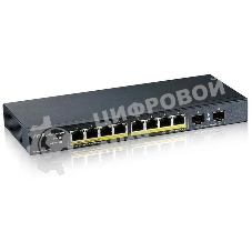 Коммутатор PoE+ Zyxel GS1100-10HP, 8xGE PoE+, 2xSFP, настольный, бесшумный, бюджет PoE 130 Вт