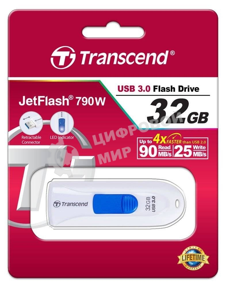 Флешка USB Transcend JetFlash 790 (TS32GJF790W), 32Gb, USB 3.0, R/W 90/40, белый/синий