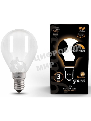 Лампа светодиодная Gauss Filament 105201109-D 9Вт цок.: E14 шар 220B 3000K св. свеч. белый теп. (упак.: 10 шт)