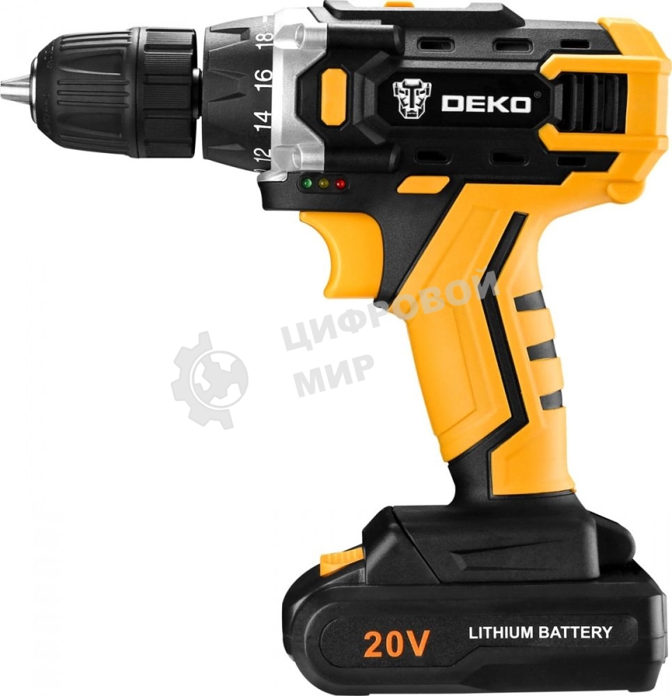 Аккумуляторная дрель DEKO DKCD20FU-Li (063-4103) 20В 1.5Ahx2 63 с набором 63 предмета в кейсе