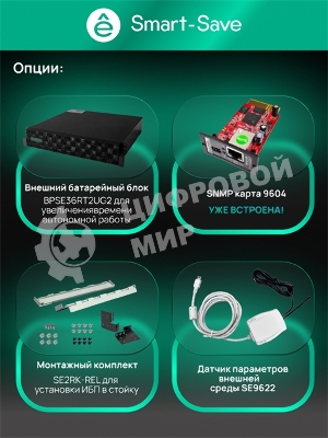 Источник бесперебойного питания Systeme Electric Smart-Save Online SRTSE, 2 поколения 1000 ВА/Вт, 2U, 8 C13+1 Schuko, USB, RS-232, сухиеконтакты, SNMP-карта