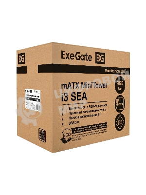 Компьютерный корпус Minitower ExeGate i3 SEA (mATX, БП 750NPX, 2*USB+1*USB 3.0, HD аудио, черный, 1 вент. 12см с RGB подсветкой, передняя и боковая панели - закаленное стекло)