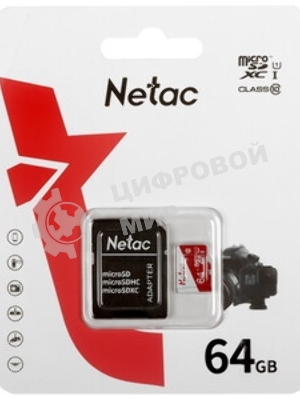 Флеш карта Netac P500 ECO 64Gb MicroSDXC U1/C10 up to 80Mb/s, retail pack with SD Adapter