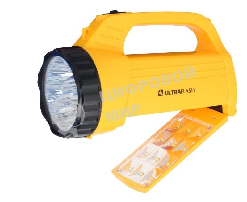 Фонарь акку. 220В желт., 9LED +12SMD LED, 2 реж, SLA, плас., коробка 12860 Ultraflash LED3819CSM