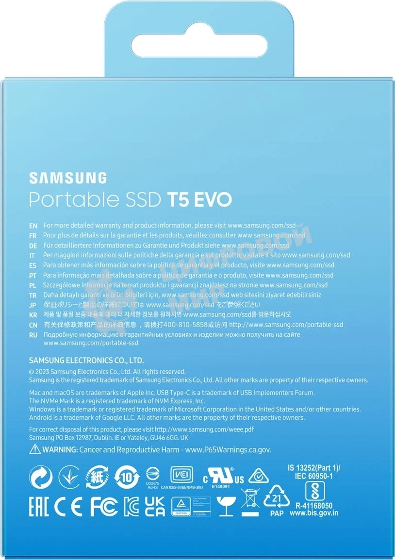Внешний SSD Samsung T5 EVO, 2TB, USB 3.2 Gen 1 Type-C, R/W 460/460, черный