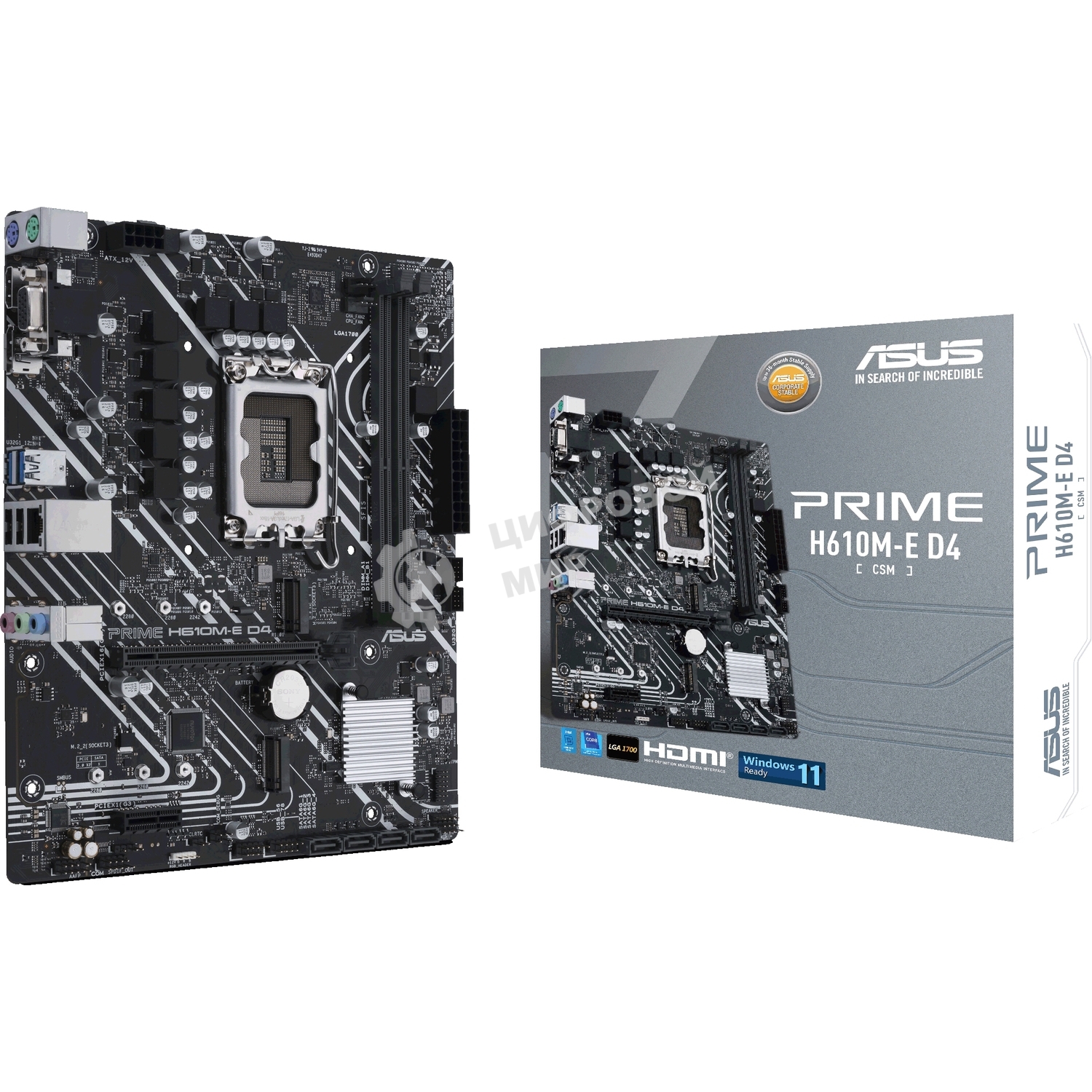 Материнская плата ASUS PRIME H610M-E D4-CSM, LGA 1700, Intel H610, 2xDDR4, 4xSATA, 2xM.2 PCIe 3.0 (x2, x4), 1xPCIe 4.0 x16, 1xPCIe x1, 1xHDMI, 1xDP, 1xVGA, 2xUSB-A 2.0, 2xUSB-A 3.2 Gen 1, 1x 1Gb LAN, 3x3.5 мм, 7.1, mATX