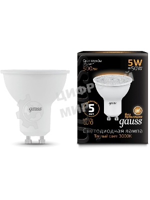 Лампа светодиодная Gauss черный 5Вт цок.:GU10 рефлектор 220B 3000K св.свеч.белый теп. MR16 (упак.:10шт)