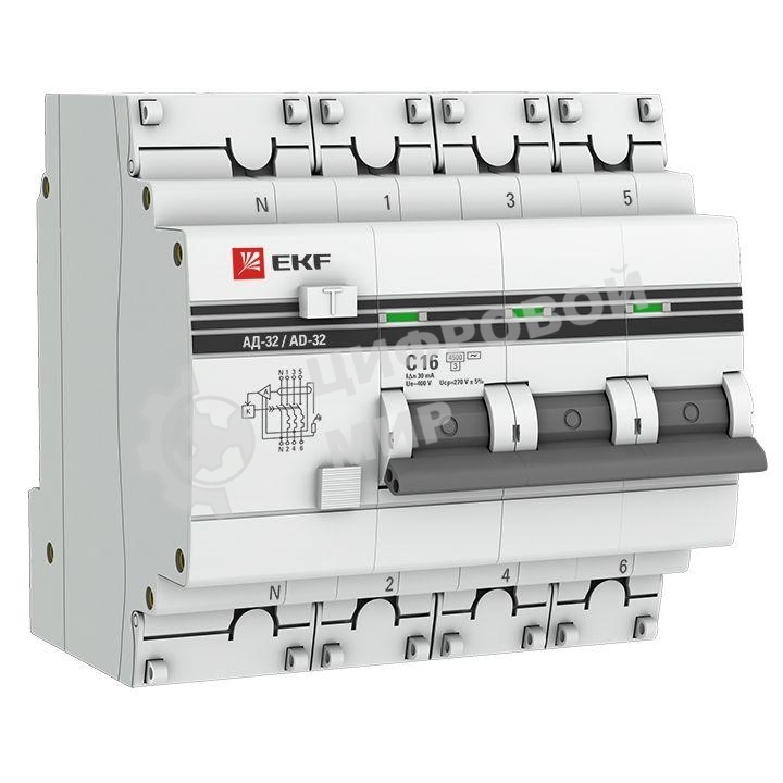 Выключатель автоматический дифференциального тока 3п+N C 16А 30мА тип AC 4.5кА АД-32 PROxima EKF DA32-16-30-4P-pro