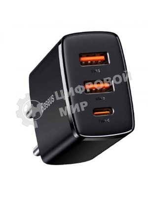 Сетевое зарядное устройство BASEUS Compact Quick Charger, два порта USB, один порт Type-C, 30W, 5V, 3.0A, черный