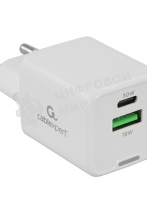 Зарядное устройство Cablexpert MP3A-PC-63, 30Вт GaN, 3А, QC4.0/PD, 1xUSB, 1xType-C, белый, пакет