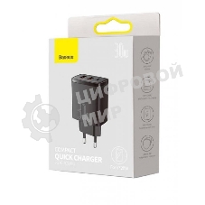 Сетевое зарядное устройство BASEUS Compact Quick Charger, два порта USB, один порт Type-C, 30W, 5V, 3.0A, черный