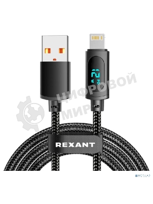 Кабель Rexant USB-A - Lightning для Apple, 2,4А, 1м, в черной нейлоновой оплетке, c LED дисплеем
