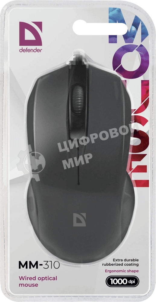 Мышь проводная Defender MM-310 черный, 1000 dpi, USB, кнопки - 3