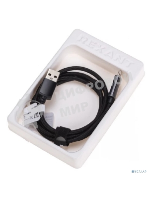 Кабель Rexant USB-A - Lightning для Apple, 2,4А, 1м, в черной нейлоновой оплетке, c LED дисплеем