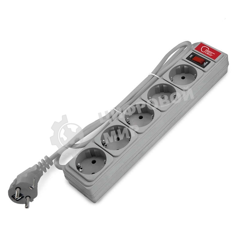 Удлинитель с сетевым фильтром 5х1.5 м 10А ПВС 3х0.75 серый, Союз 1328