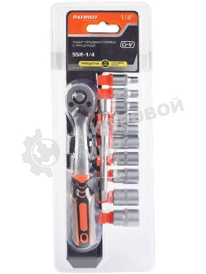 Набор торцовых головок PATRIOT SSR-1/4, CrV сталь, трещотка, удлинитель, 12 предм.Тороцовые головки 10 шт: 4,5,6,7,8,9,10,11,12,13 мм удлинитель 100мм 1шт трещотка 72 зуба 1 шт