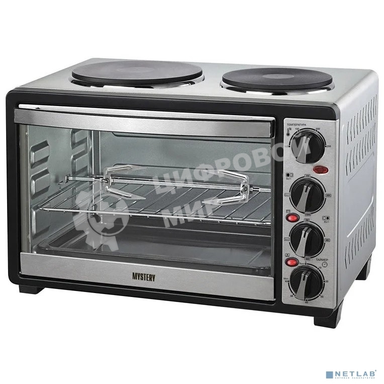 Мини-печь Mystery MOT-3330 (нержавеющая сталь, 1500 Вт, 2 конфорки, гриль, съемный вертел)