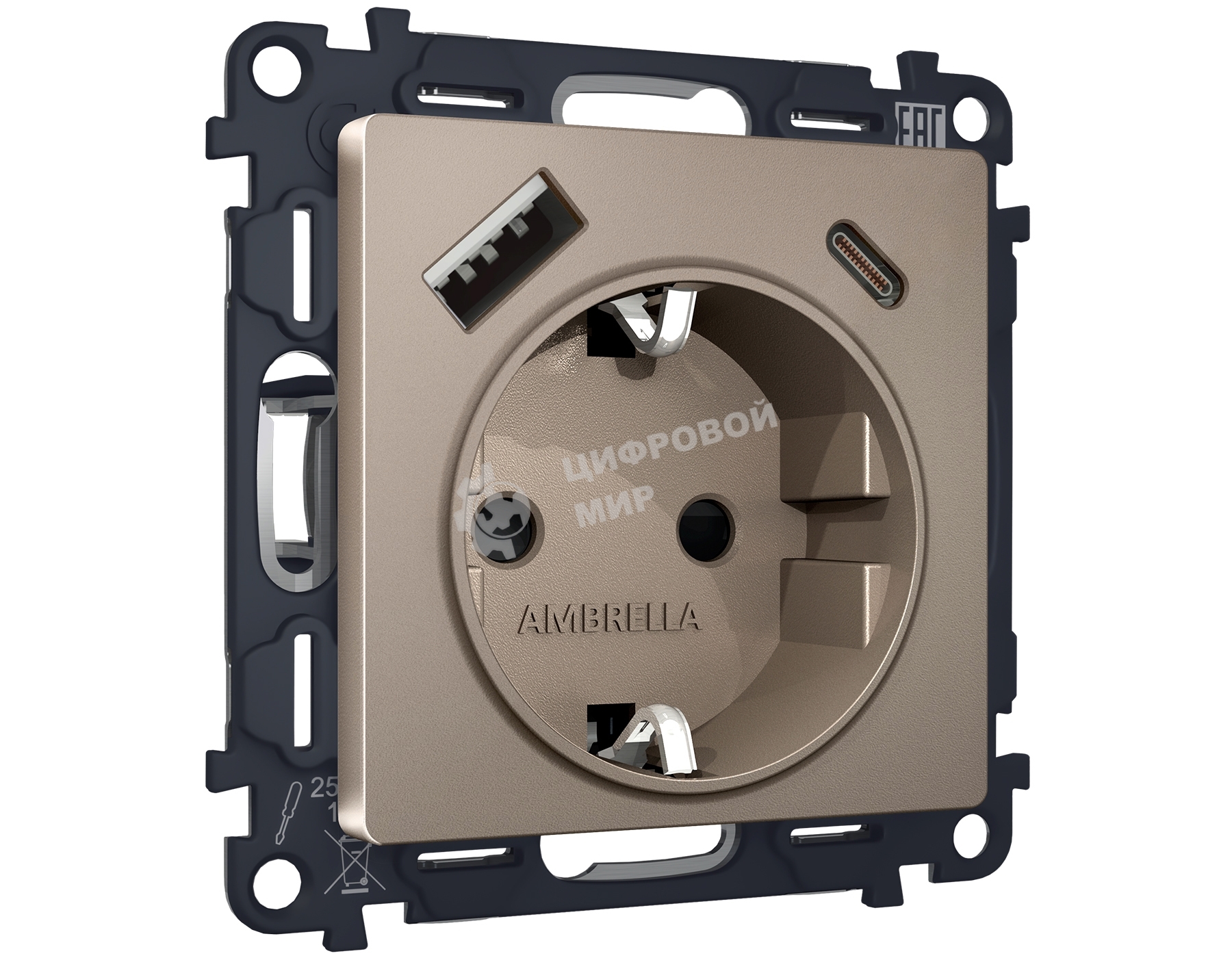 Комплект механизма электрической розетки ALFA Темная бронза матовый 2USB A+C 20W (быстрая зарядка) с/з QUANT (AP6400, VM160) MA640010