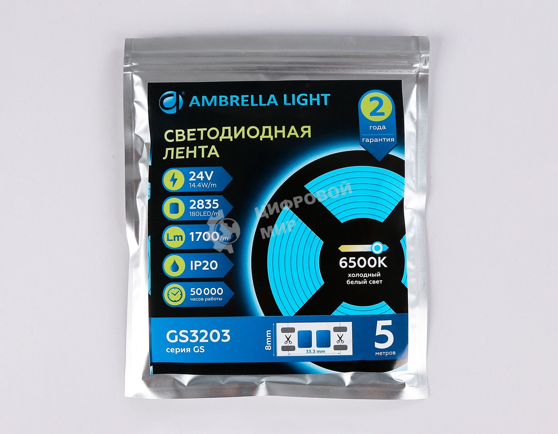 Светодиодная лента Ambrella light GS3213 2835 180Led/ 14.4W m/ 24V IP20 6500K/ 5000*10*1.2mm (2 конт.)