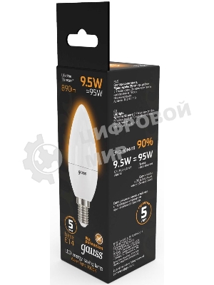 Лампа светодиодная Gauss A60 9.5Вт цок.: E14 свеча 220B 3000K св. свеч. белый теп. C37 (упак.: 10 шт)