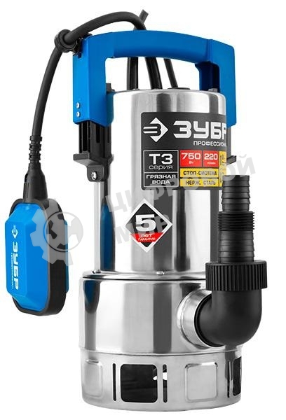 Насос ЗУБР НПГ-Т3-750-С профессионал т3 погружной дренажный для грязной воды d частиц до 35мм 750В
